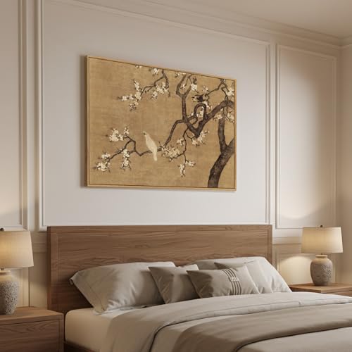 Framed Vintage Neutral Chinoiserie Asian Floral Bird Wall Art, 24x36 Inch - color: Beige B, size: 36"L x 24"W
