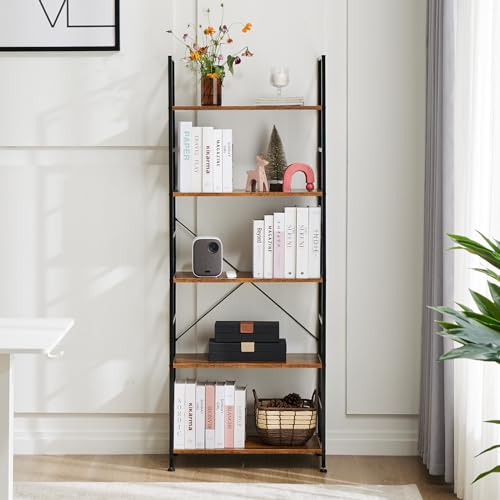 DUMOS 5 Tiers Bookshelf, Classical Modern Book Shelf Bookcase - color: Brown, size: 5 Tier&Open