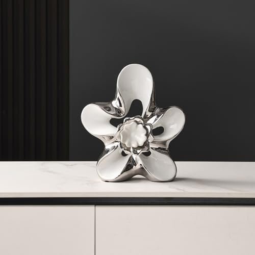 Ceramic Statue Home Decor Aesthetic Abstract Flower Sculpture - color: White and Silver