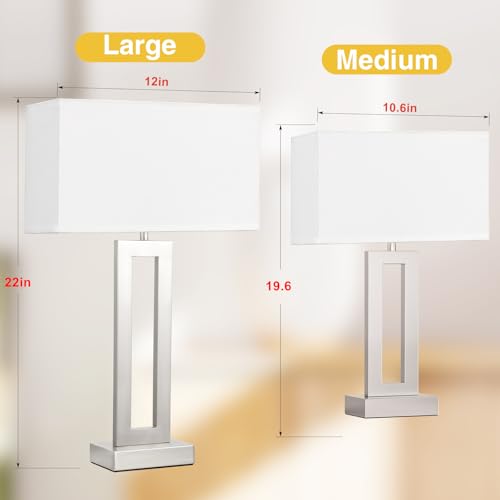Seealle 22" Tall Bedroom Lamps for Living Room - Touch Brushed Nickel Bedside Lamps with USB C+A, 3 Way Dimmable Lamp for Nightstand, Modern Night Stands Lamps for End Tables(White&Silver) - color: D. White&Silver, size: Large(22in)