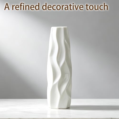 White Ceramic Flower Vase, 12 Inch, Pleated Wave Design