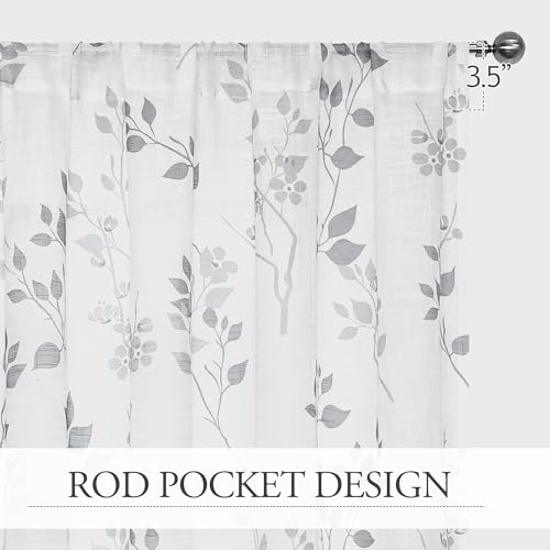 Beauoop Floral Linen Semi Sheer Curtains Living Room Grey 50x54 2 Panels - color: Rod Pocket | Grey, size: 50"W x 54"L (Pack of 2)
