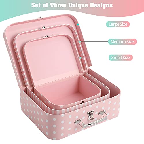 Set of 3 Paperboard Suitcases Storage Box Storage for Photo Storage Home Decoration, Wedding, Birthday, Anniversary and New Year Gift Decoration (3Pcs, Pink Dots and Stripes) - color: Pink Dots and Stripes