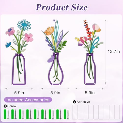 Embewhis Wall Decor Metal Flowers 3pcs, Rustic Farmhouse Flower Sculptures, 13.7" Wall Art Decor, Drill-Free Install Option for Living Room, Kitchen, Bedroom & Bathroom - size: N
