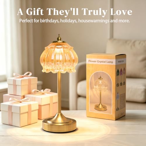 Amber Glass Flower Lamp, Rechargeable Cordless Table Lamp - color: Amber-1