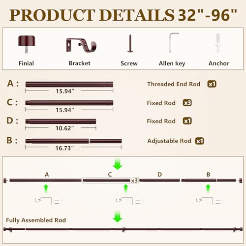 2 Pack Curtain Rods for Windows 32-96 Inch, 1 Inch Adjustable Brown Curtain Rod Set with Brackets, Easy Install - color: Brown, size: 32"-96"/2 Pack