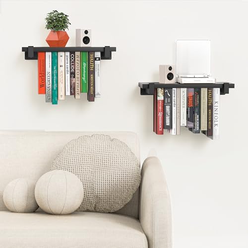 NANATI 2 Set of Floating Bookshelf, Pine Wood Invisible Bookshelf, Hanging Bookshelves for Wall, Unique Space Saving Wall Bookcase, New Black (16.5L×8.7W×1.5H) - size: 2 Set Pine Wood (Black)