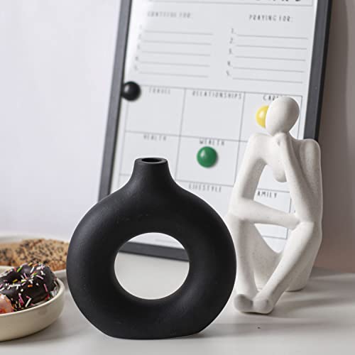 CEMABT Black Donut Vase Hollow Ceramic Vase for Flowers Handmade Minimalist Boho ins Style Modern Home Decor for Wedding Dinner Table Party Living Room Office Bedroom - color: Black, size: Small (1-Piece)