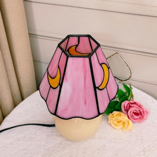 Tiffany Lamp Stained Glass Table Lamp Moon Mushroom Pink Cute Small Bedside lamp Living Room Dining Room Office Decoration Desk lamp Home Decoration Creative Gift Scene Prop - color: Moon Mushroom-Pink