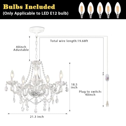 (Bulbs Included) DIMMABLE Plug in Chandelier 5 Light PRE-Wired 21.3", White Hanging Pendant Light Fixture with Cord, Classic Vintage K9 Crystals Beads for Living Room Bedroom Dining Kitchen Island - color: 5 Light