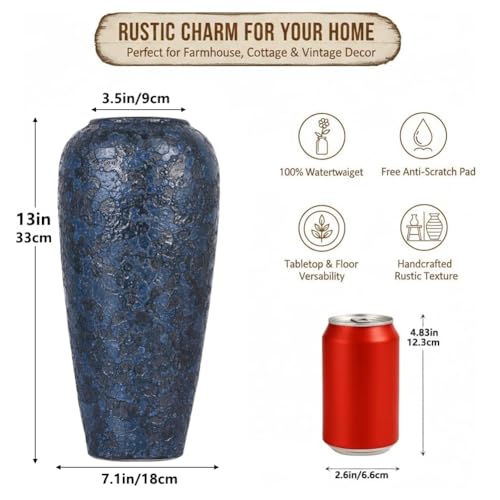 Blue Ceramic Vase, 13" Tall Rustic Terracotta, Blue Pampas Grass Vases, Large Vintage Centerpieces, Pottery for Home Decor, Living Room, Entryway, Table Centerpieces, Kitchen, Housewarming Gifts - size: 13 inches