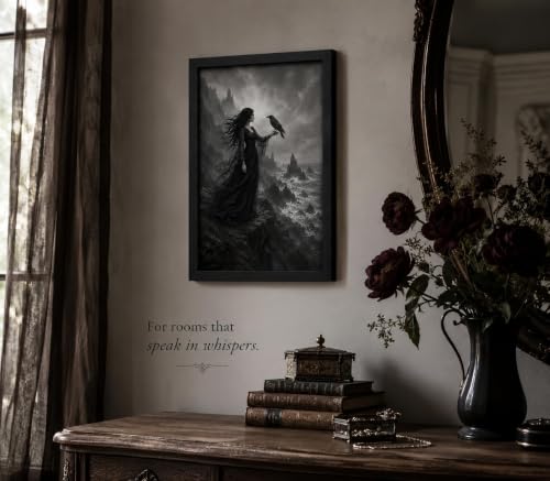 Framed Moody Black Witch and Crow Wall Art,Dark Gothic Misty Seaside Cliff Painting Picture Wall Decor,Halloween Horror Vintage Poster Print Artwork,for Bedroom Living Room Home Decoration - color: Witch and Crow, size: 24"L x 16"W