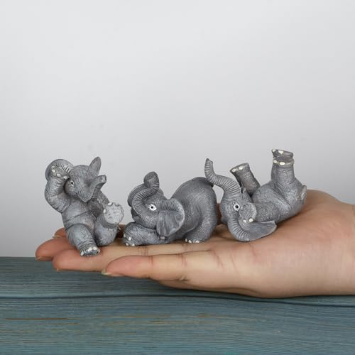 Set of 3 Grey Resin Small Elephant Statues and Set of 2 Cherub Angels Statue Figurine