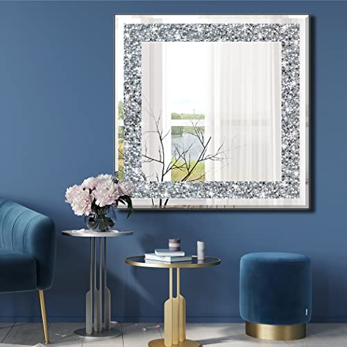 20" Square Crushed Diamond Silver Glass Mirror for Wall Decor - size: 20"L x 20"W