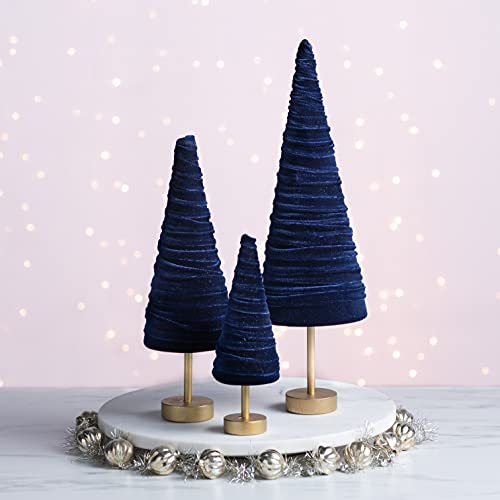 Navy Pedestal Velvet Trees Set of 3, Made in USA, Winter Modern Decor, Valentine Tabletop, Minimalist Gift, for Mantel, Wedding Centerpiece (Navy) - color: Navy