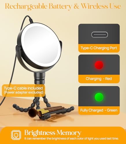 Gospire 5.85” Tripod Travel Makeup Mirror with Light and Magnification - color: Black