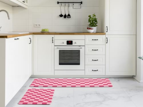 Ohocut Pink Coral Checkered Kitchen Mats for Floor Set of 2, 2 Pcs Cushioned Non Slip Runner Rugs for Kitchen/Sink/Laundry, Comfort Aesthetic Cute Anti-Fatigue Foam Floor Mat 17.3"x29.5"+17.3"x47.2" - color: Coral