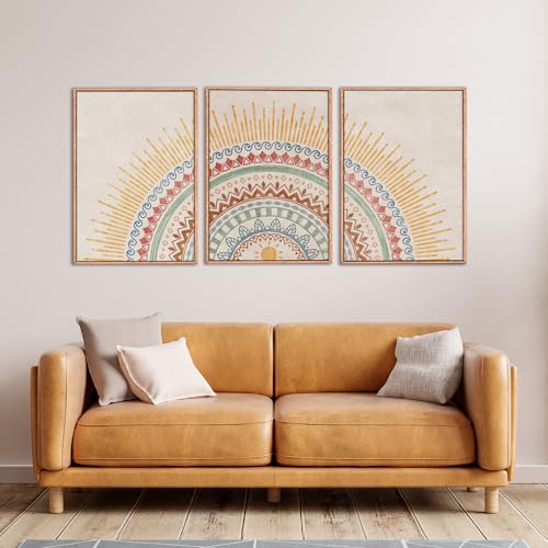 HPINUB Boho Sun Framed Canvas Wall Art Set, Mid-Century Modern Wall Decor, Minimalism Bohemian Wall Painting, Abstract Geometric Pattern Art Print for Living Room, Bedroom, Office - 24"x36"x3 - color: Boho Sun Wall Art, size: 24"L x 36"W