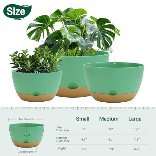 Koalaime 8/10/12 Inch Pots for Indoor Plants, Large Self Watering Planters with Drainage and Saucers, Plastic Outdoor Flower Pot, Set of 3, Green - color: Green