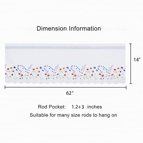 2PC PKT Floral Embroidery Curtain Valance, White Elegant Decorative Flowers Window Valances,Valances for Windows Living Room,3" Rod Pocket W62XL14 inch (Flowers) - size: 62"W x 14"L (Pack of 2)