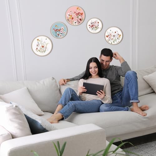 Qunclay 5 Pcs Boho Wall Decor Wood Circle Wall Art Set, Wild Flower - style: Wild Flower