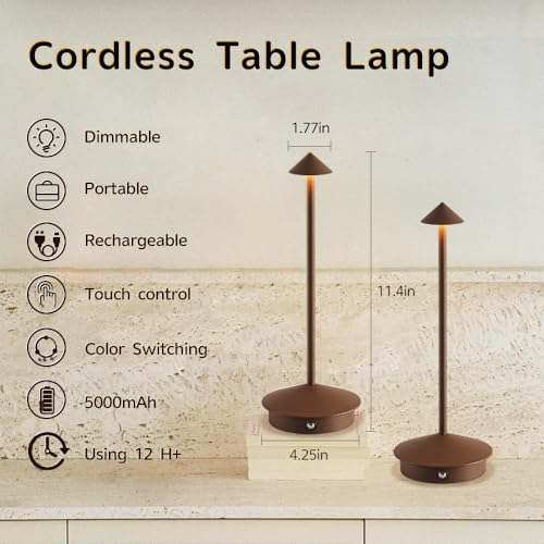 EJQ 2 Pack LED Rechargeable Cordless Table Lamps,Portable Outdoor 5000mAh Battery Operated Table Light Touch Control 3 Color Dimmable for Patio/Cofee/Restaurant/Camping/Dining/Bedroom-Brown - color: Zongse