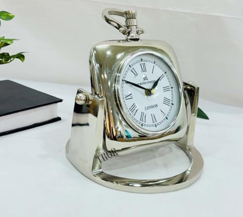 THOR INSTRUMENTS Vintage Table Clock on Stand, Decorative Desk and Shelf Clock Rustic Mantel Clock Non-Ticking, Metal Frame with Antique Chrome Finish