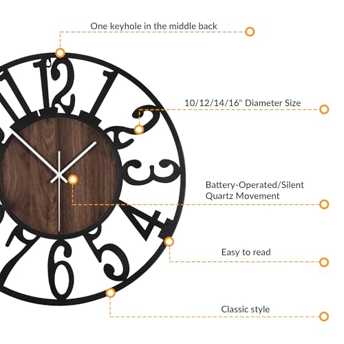 LEIKE 10in Arabic Numeral Wall Clock Battery Operated Black, Silent Non Ticking, Wall Clocks for Living Room Decor, Small Classic for School, Office, Home, Kitchen, Bedroom - color: Wood-arabic, size: 10in