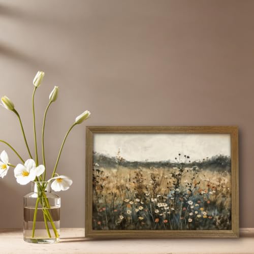 Framed Canvas Wall Art Wildflower Field Painting Poster Vintage Floral Picture Print Gallery Wrapped Artwork Rustic Nature Wall Decor 8x10 Inch - color: Retro floral