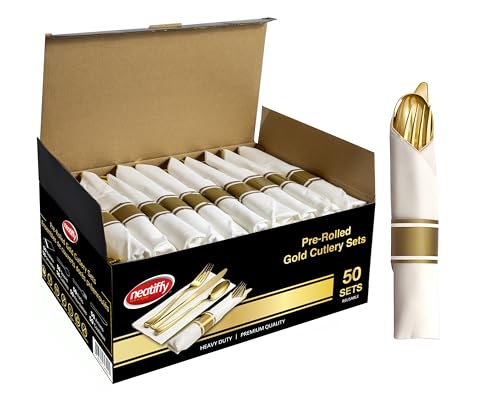 Neatiffy 50 Pack Gold Plastic Silverware Set, Pre Rolled Napkin and Cutlery Set with 50 Forks, 50 Knives, 50 Spoons, 50 Napkins, Utensils, Silverware for Parties, Weddings and Birthdays - color: Gold Napkin Cutlery
