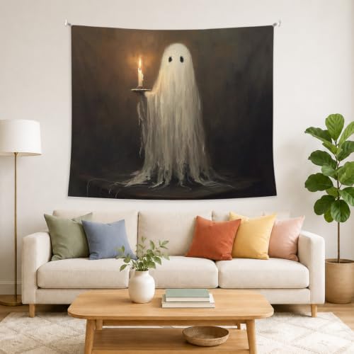 AHNWICNR Ghost Halloween Tapestry, Dark Moody Cute Ghost Wall Hanging Decor - color: Ghost Candle