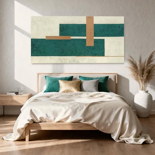 YETHEN WAL Teal Geometric Abstract Canvas Wall Art, 20×40 in Horizontal – Gallery Wrapped, Green & Beige Minimalist Artwork for Living Room, Bedroom, Office - color: Green and Beige, size: 40"L x 20"W