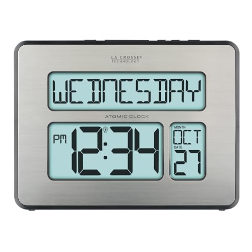La Crosse Technology 513-1419BLv4-INT Backlight Atomic Full Calendar Clock with Extra Large Digits - size: 9.84"L x 1.14"W x 7.48"H