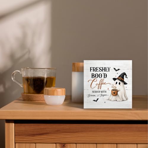 Halloween Freshly Boo'd Coffee Ghost Wood Box Sign Desk Decor 5X5 - color: Witchy Coffee