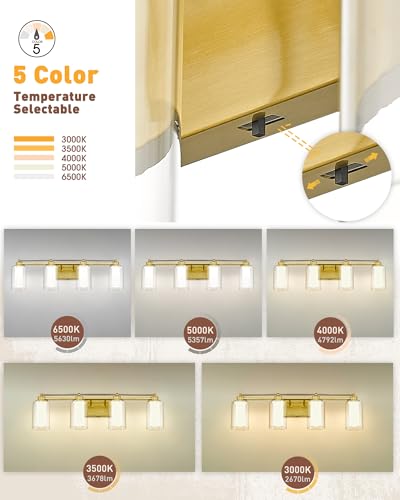 HWH 4-Light Bathroom Vanity Light, Brushed Gold, 5CCT, 5HLT63B-4W-LED BG - color: Brushed Gold + LED, size: 4 Lights