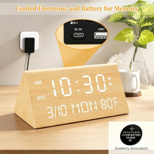 Premium Wooden Digital Alarm Clock with USB Charging Ports, Dimmable LED Display, Date, Day of Week, Temperature, DST, Clocks for Bedrooms, Desk, Nightstand, Bedside, Table, Office, Living Room Decor - color: Triangle - Bamboo