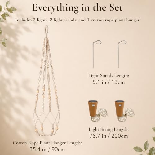 Macrame Plant Hanger with 2 Solar LED Lights, 35 in