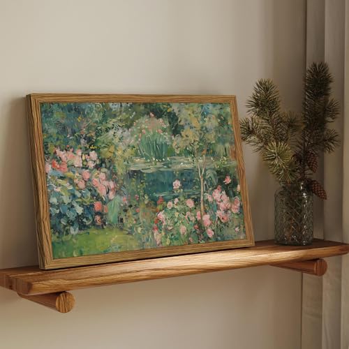 Framed Vintage Floral Landscape Canvas Wall Art, Rose Garden Pond Wall Decor Paintings, Rustic Cottagecore Nature Plant Pictures Prints Aesthetic Home Decor for Living Room Bedroom Bathroom 8x10 inch - color: Garden, size: 10"L x 8"W