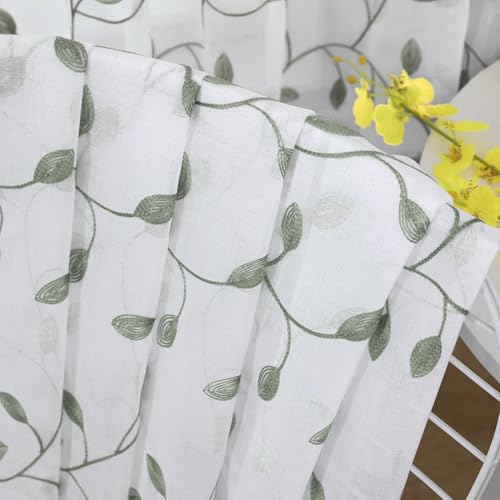 Tollpiz Leaves Sheer Tier Curtain Sage Green Leaf Embroidery Kitchen Half Curtains Rod Pocket Voile Faux Linen Embroidered Leaves Curtain for Bathroom, 30 x 36 inches Long, Set of 2 Panels - color: Sage Green, size: 30"W x 36"L (Pack of 2)