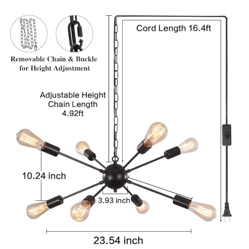 8 Lights Plug in Chandelier, Hanging Lights Black Plug in Pendant Light - color: 8 Lights-Black-E26-Plug In, size: 8 Lights