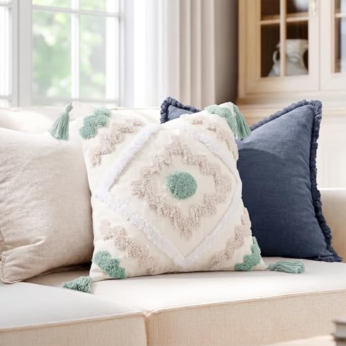 NUYECY Decorative Farmhouse Throw Pillow Covers 20 x 20,Modern Neutral Couch Pillow Cover,Cotton Checked Pattern Boho Square Pillow Case Cover for Couch Bed Sofa Bedroom,Green&Beige&White - color: Green, size: 20" x 20" (Pack of 1)