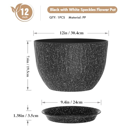 WSMKSZ 12 Inch Wide Water Ripples Flower Pots for Indoor or Outdoor Plants, Large Plant Pots with Drainage Holes & Saucer, Plastic Planters Set for Garden & Home Decor (Black with White Speckles) - color: Black With White Speckles