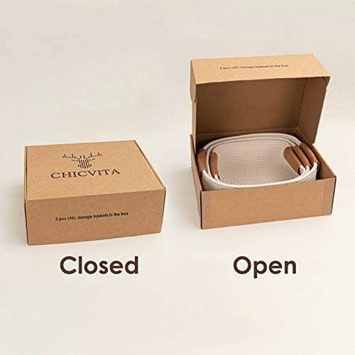 CHICVITA 3 Pack Woven Rope Gift Basket with Leather Handles, White - color: White, size: 11.4 x 10.6 x 5.5 Inch (3 Pack)
