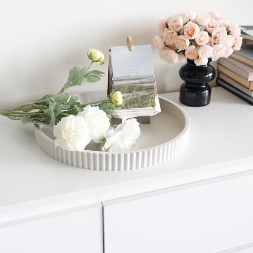 Round Decorative Tray for Coffee Table Decor, 11.8in Cream White Decorative Serving Tray for Kitchen Counter,bandejas decorativas, Wooden Serving Tray for Party - color: Cream