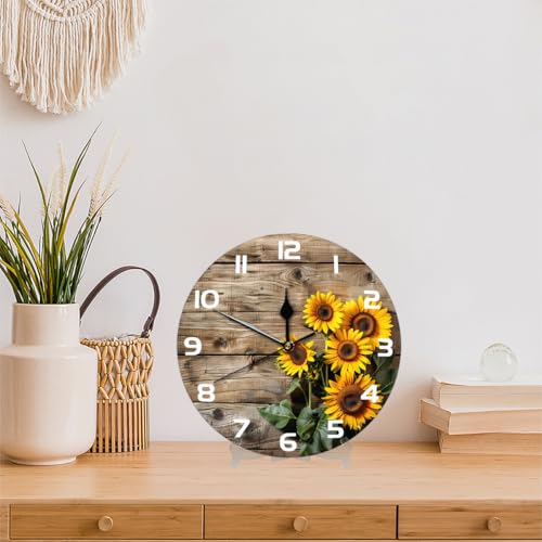 Retro Wooden Sunflower Wall Clock Battery Operated 10 in Round Wall Clocks Slilent Non Ticking Quartz Analog Clock for Bedroom Kids Living Room Classroom Decor - color: Retro Wooden Sunflower