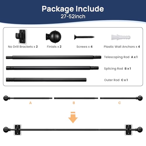 ENJOYBASICS No Drill Curtain Rods for Window 28 to 47 Inches, 5/8 Inch Diameter Renter Friendly Drapery Rod with Adhesive Brackets without Drilling, Adjustable from 27 to 52 Inches, Black (Pack of 2) - color: Black, size: 27-52" (Pack of 2)