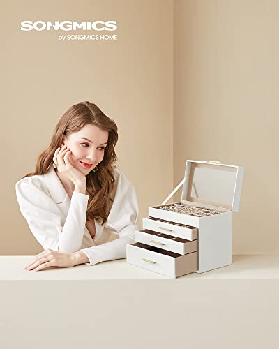 SONGMICS Jewelry Box Organizer, 4-Layer Storage with 3 Drawers, Glass Lid - color: Cloud White+Gold, size: 4 Layer (6"d X 9.9"w)