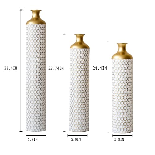 Tall Floor Metal Decorated Vases Set of 3 Diamond White+Gold - color: Diamond White+gold