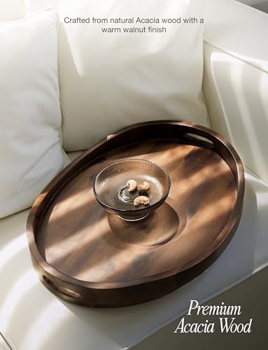 TIDITA Acacia Oval Wooden Serving Tray with Handle, 16.5"x13", Walnut Color - color: Walnut, size: 16.5" x 13" x 2.2"