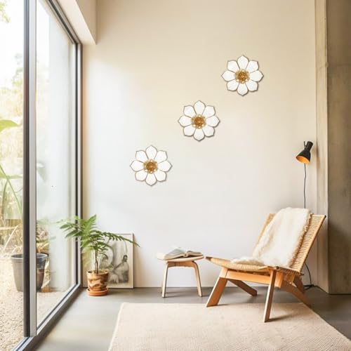 Villa Como Set of 3 White and Gold Metal Flowers Wall Art Decor 10" - color: # 3 White and Gold